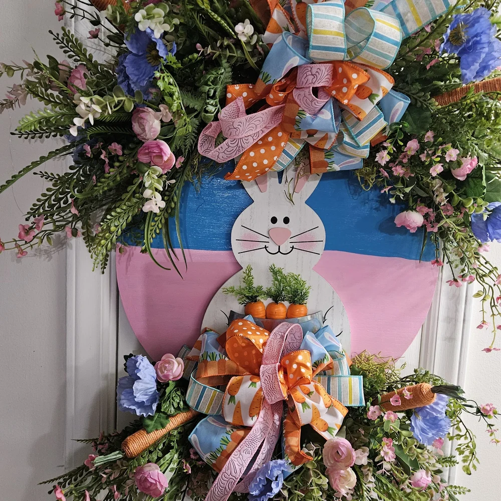 Spring Bunny Door Wreath with Pastel Flowers and Bows